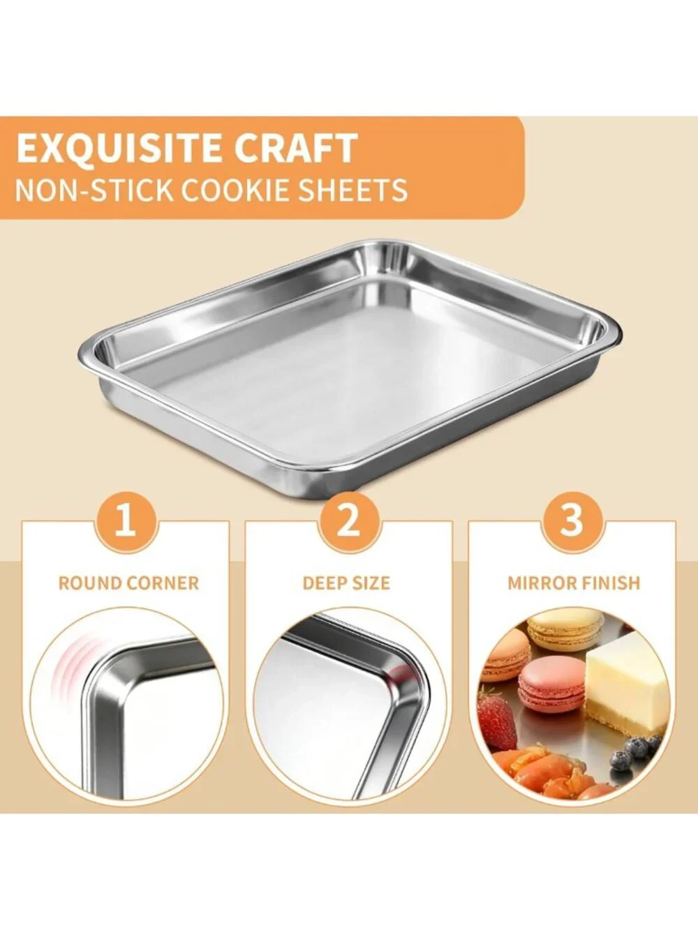 Stainless Steel Baking Sheet Set of 3 - Non-Stick, Heavy Duty, Easy Clean Pans